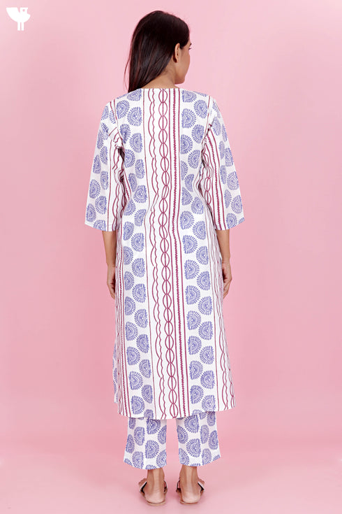 Cotton Kurta And Pant Set With Kota Dupatta In Block Print